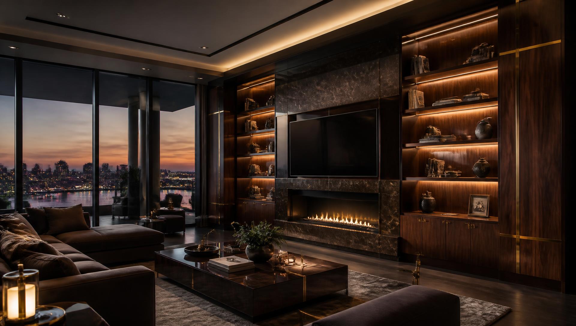 Luxury Miami living room with custom millwork and brass accents